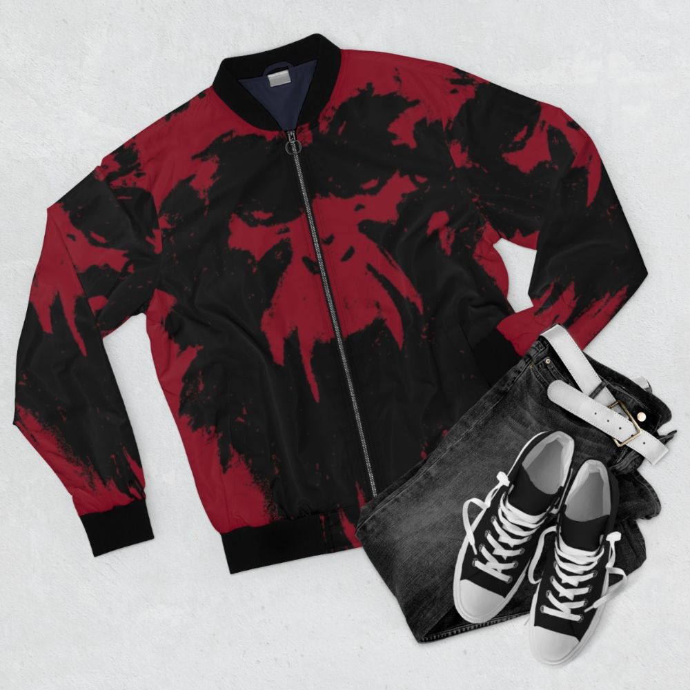 12 Monkeys Terry Gilliam Black Bomber Jacket with Wall Drawing Design - Flat lay