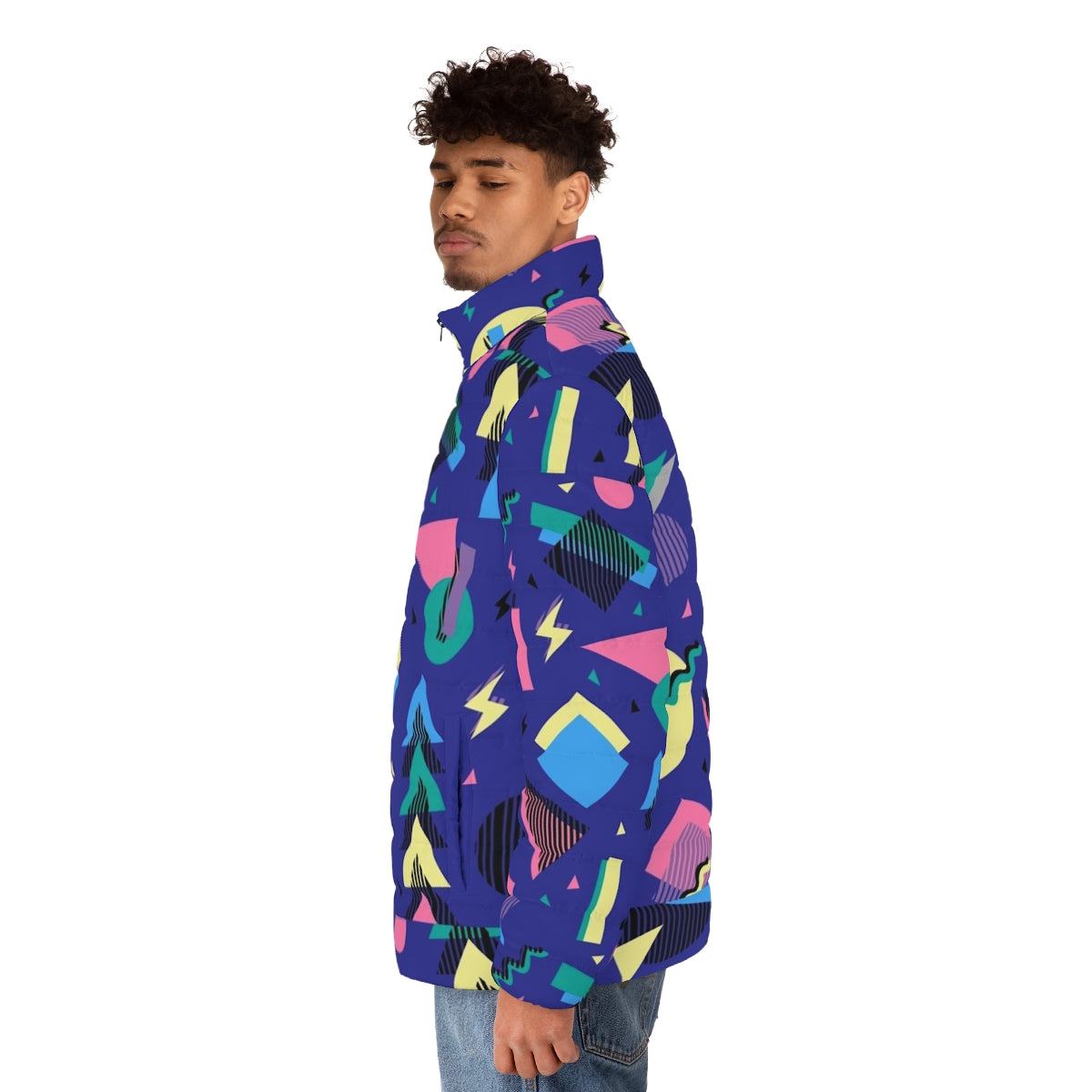 Geometric 90s design puffer jacket with pop art pattern and retro aesthetic - men side left