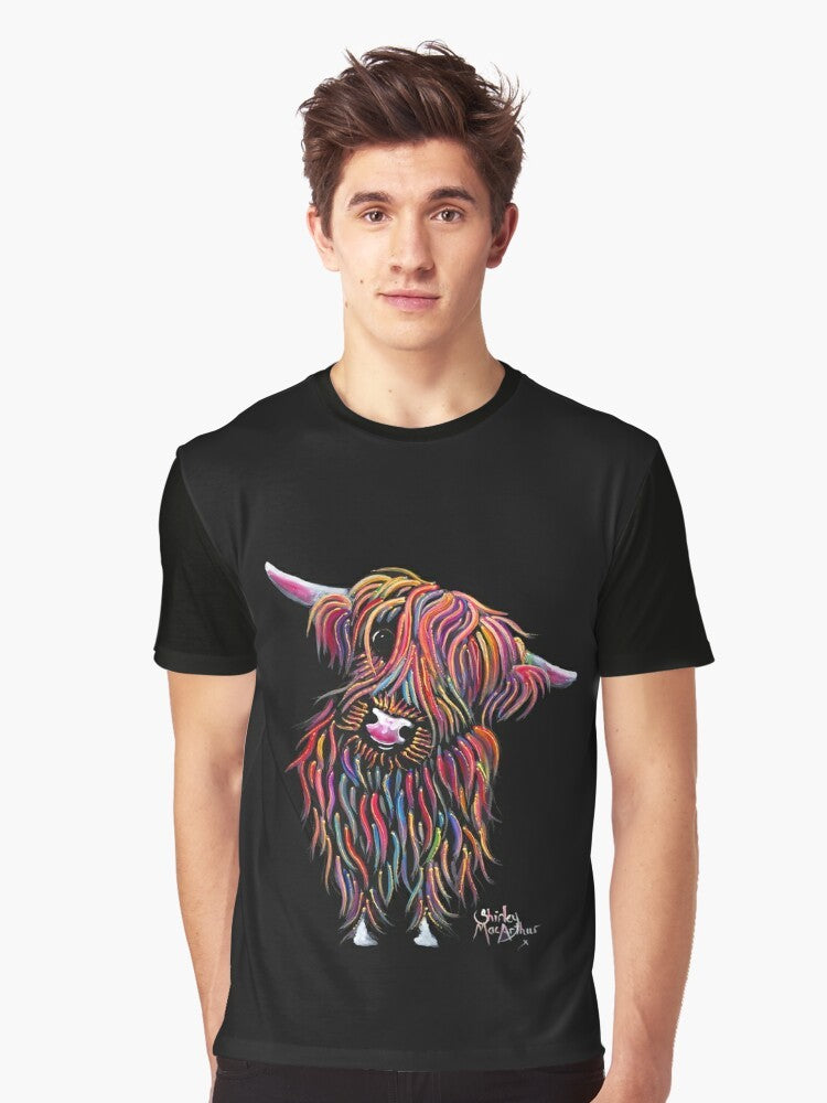 Graphic t-shirt featuring a painting of a Scottish Highland cow named 'BoLLY' by artist Shirley MacArthur - Men