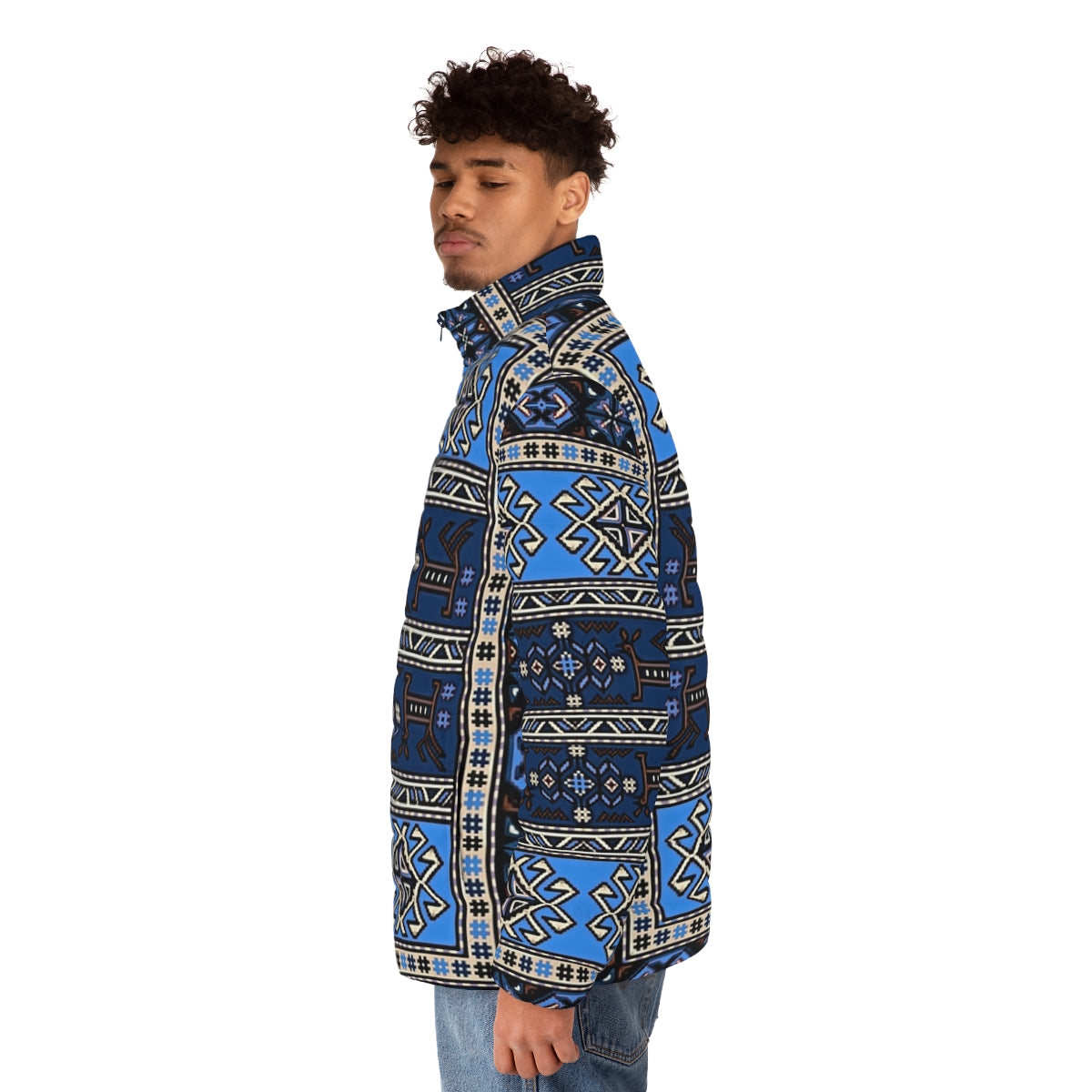 Armenian art pattern puffer jacket with traditional motifs - men side left