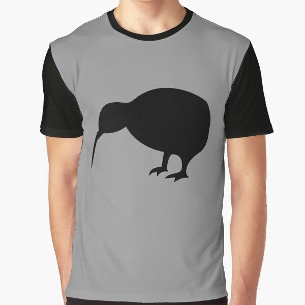 A black t-shirt with a kiwi graphic design, representing the national symbol of New Zealand.