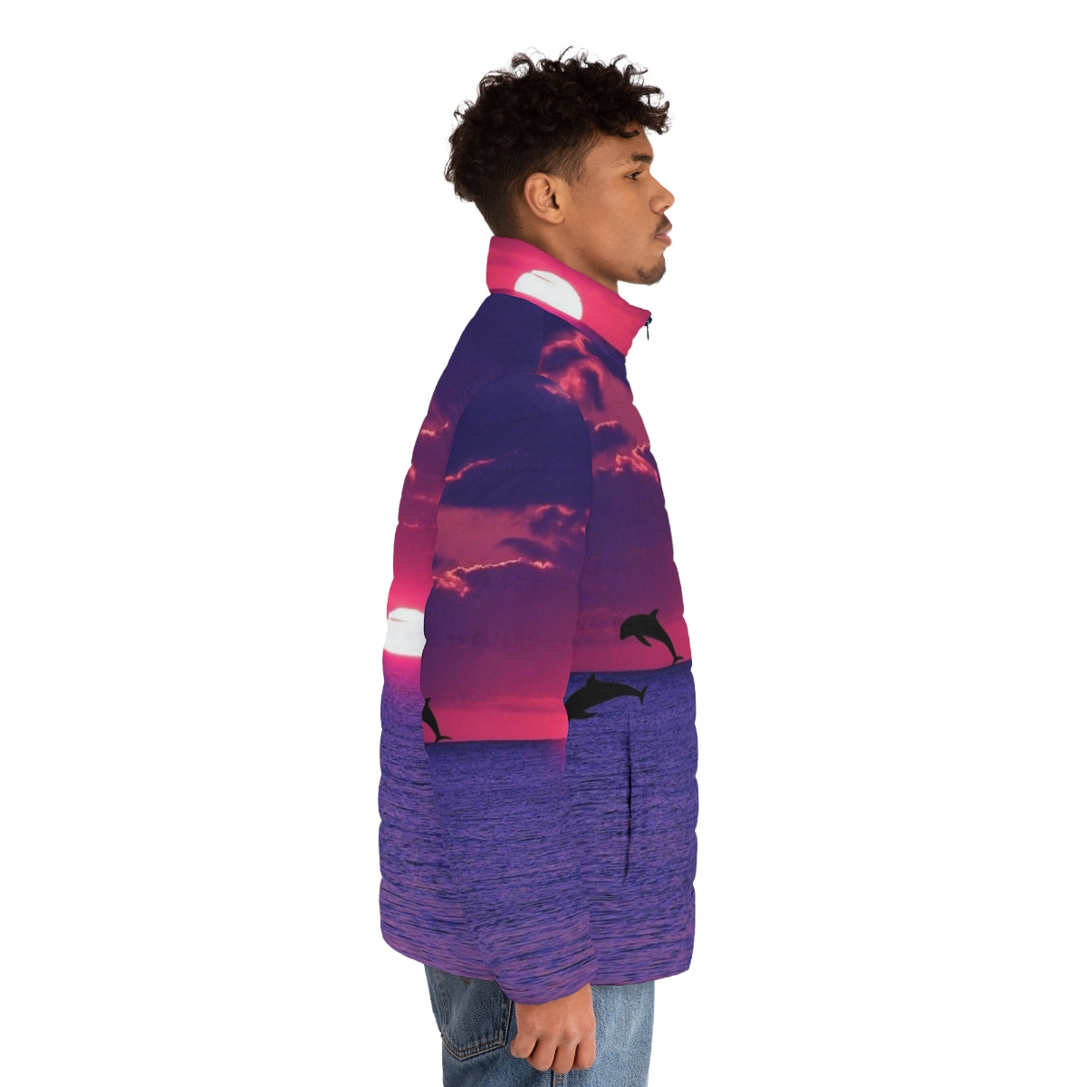 Puffer jacket featuring a beautiful beach sunset with a pink and purple sky and silhouetted dolphins - men side right