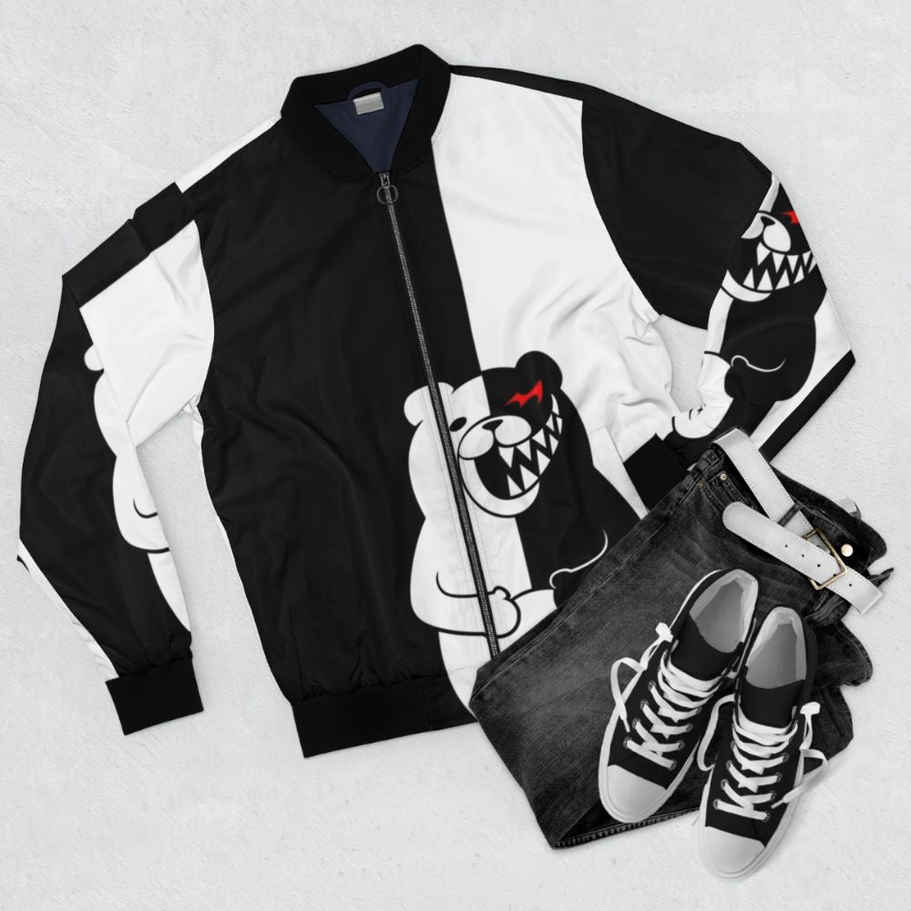 Danganronpa Monokuma Bomber Jacket with Cute, Evil Bear Design - Flat lay