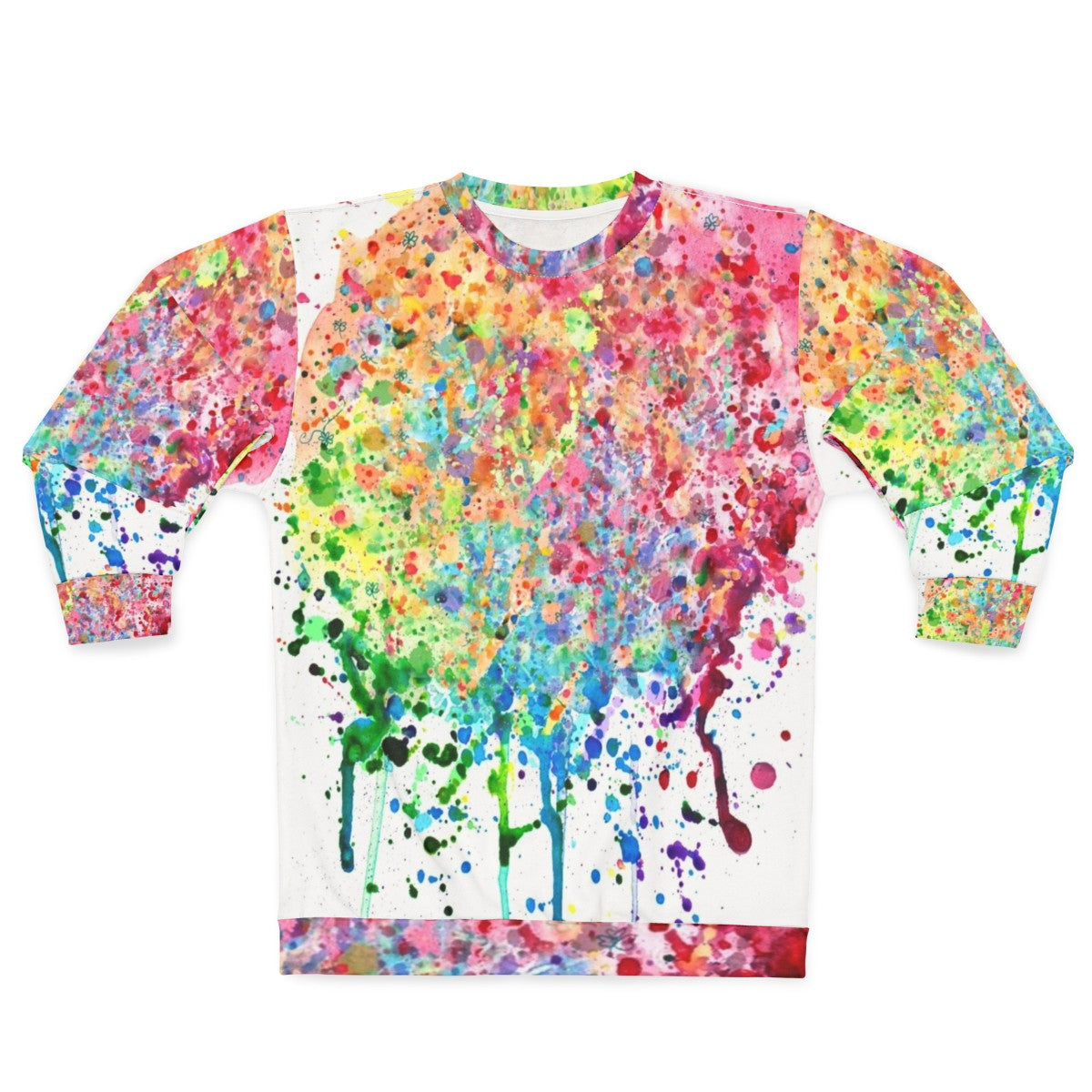 Colorful rainbow paint splatter drip design on a sweatshirt