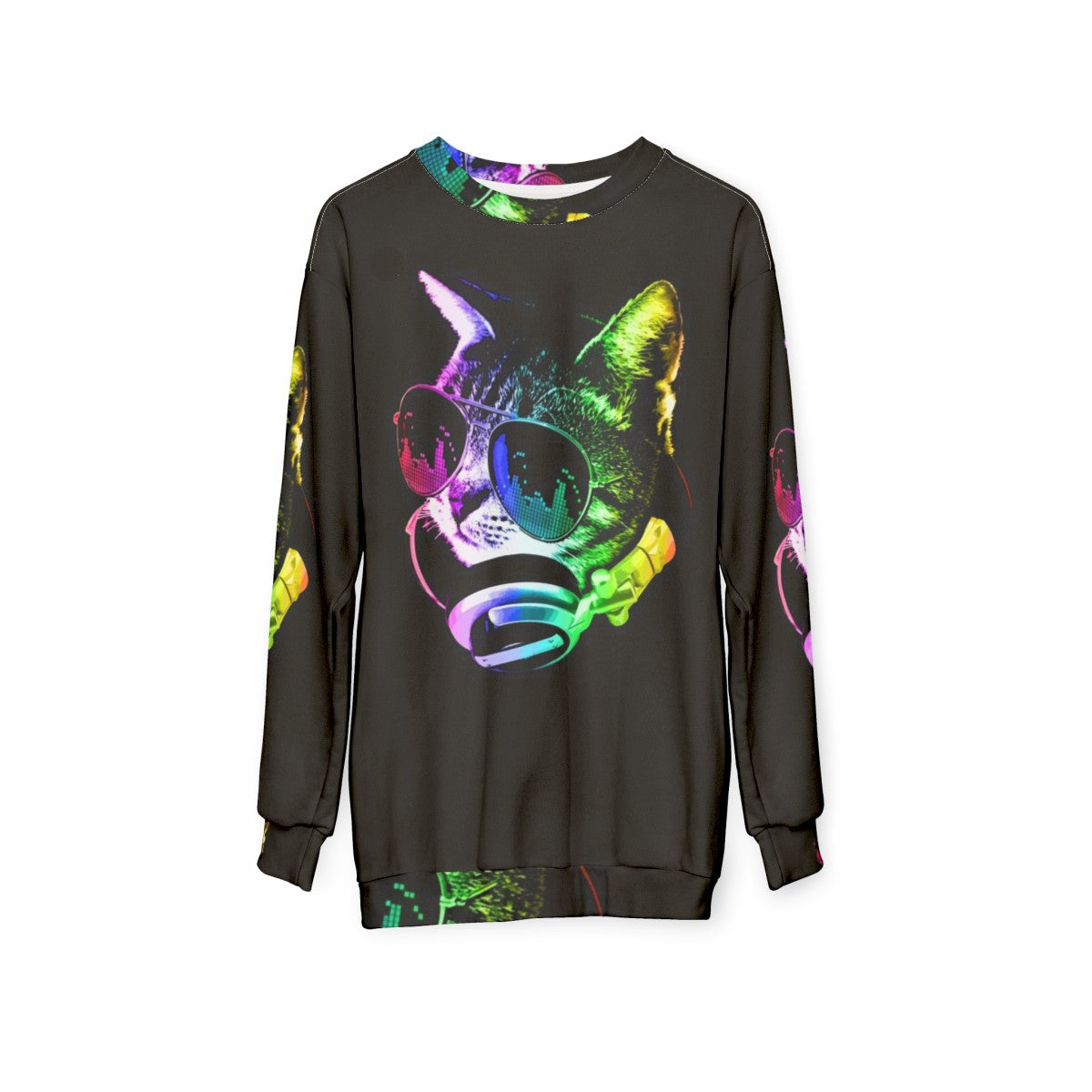 Colorful music cat sweatshirt with rainbow and headphones - hanging