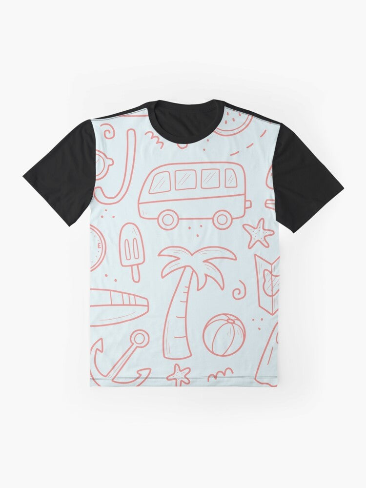 Explorer Summer Graphic T-Shirt featuring palm trees, sun, compass, and travel icons - Flat lay