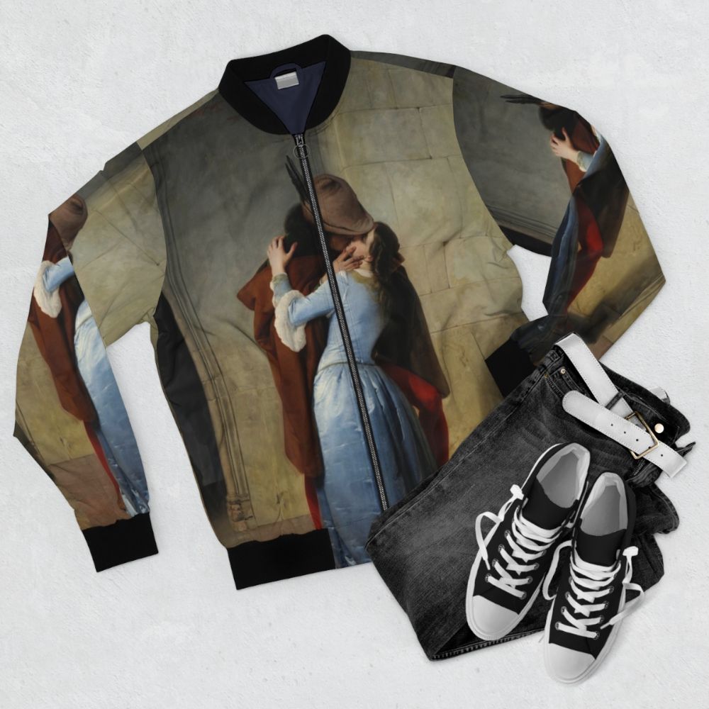 Bomber jacket featuring the famous painting "The Kiss" by Italian artist Francesco Hayez - Flat lay