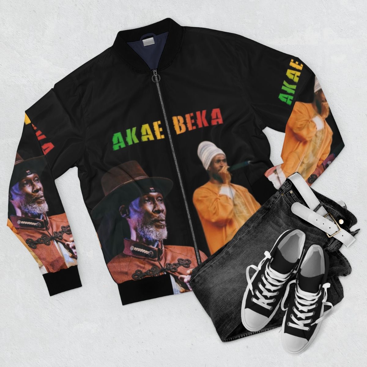 Akae Got Midnite Reggae Bomber Jacket, a stylish and versatile outerwear piece for reggae and Rastafarian fans. - Flat lay