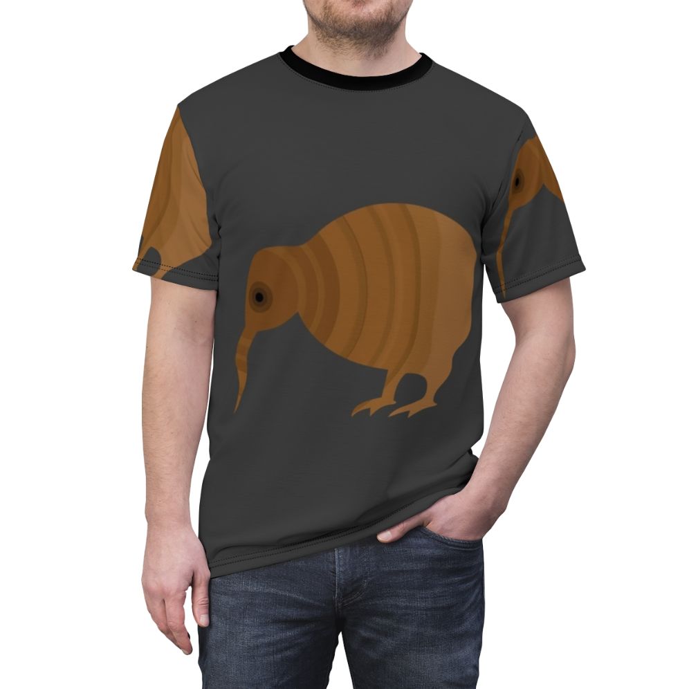 Vibrant and colorful t-shirt design featuring a kiwi bird, one of the legendary animals of New Zealand - men front