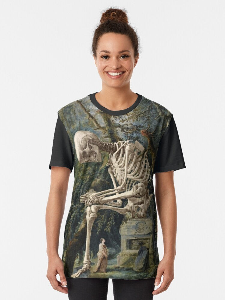 Surreal portrait graphic t-shirt design featuring a surreal, pop surrealist illustration with a skull or skeleton motif. - Women