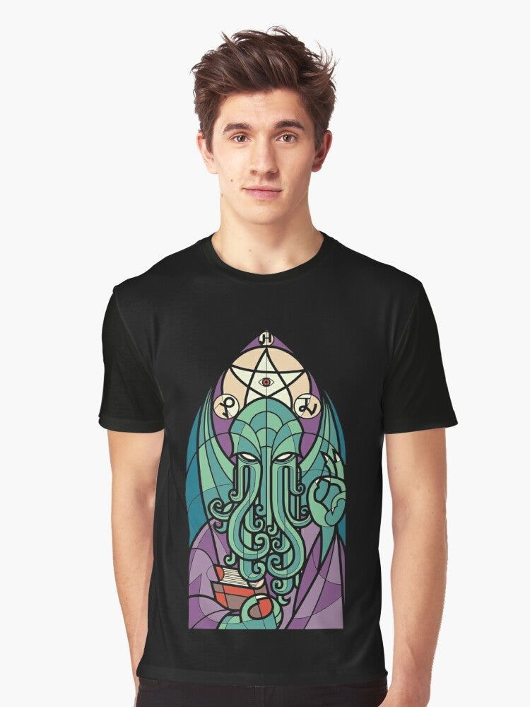 Cthulhu Cult Graphic T-Shirt with Lovecraftian Horror Tentacle Design - Men