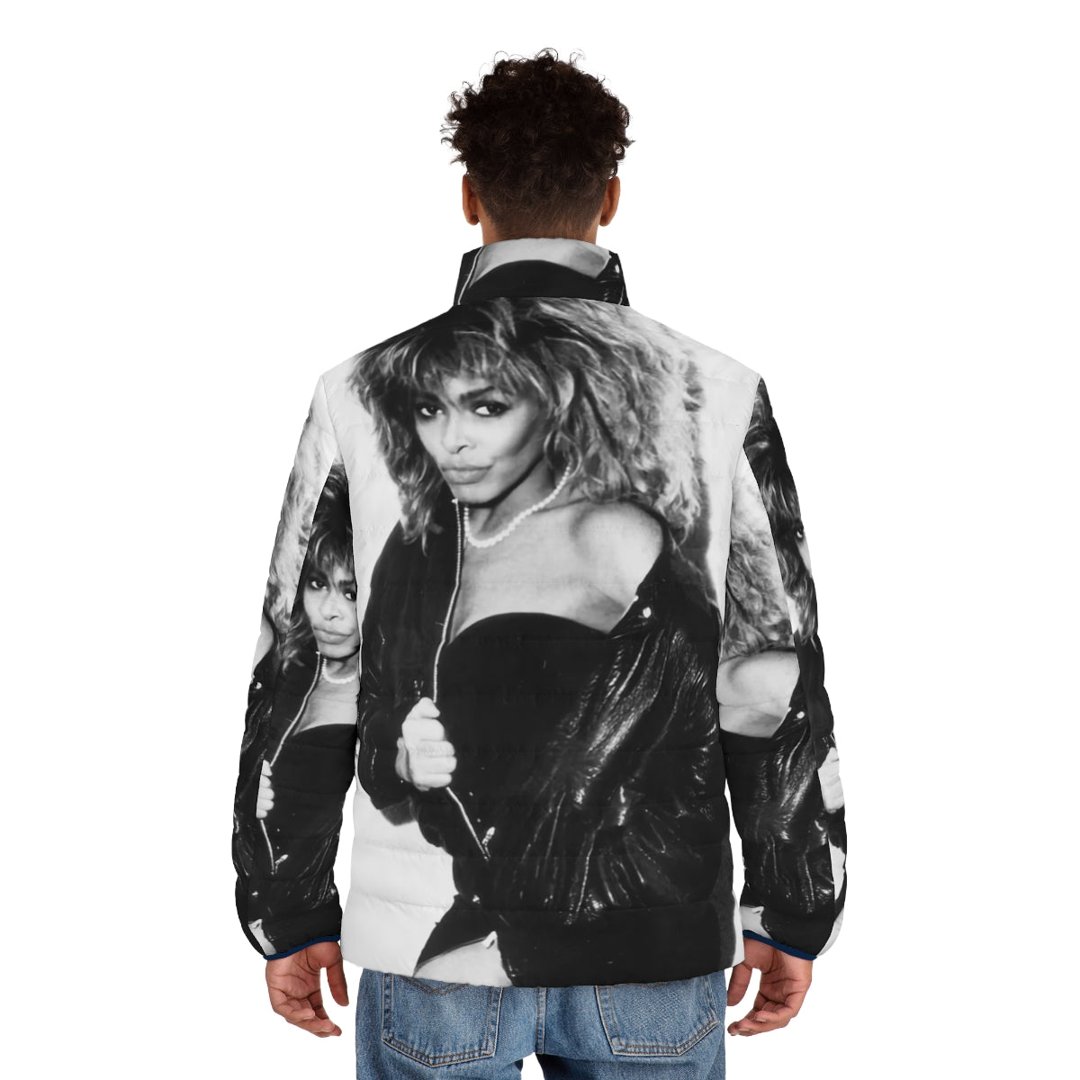 Vintage-inspired 80s style puffer jacket with a bold, black and white graphic design - men back