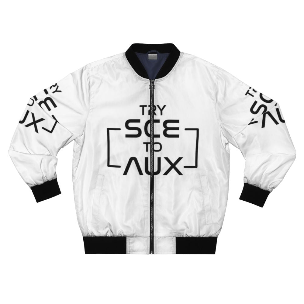 A bomber jacket featuring a space-themed design with an astronaut, moon, and NASA-inspired graphics.