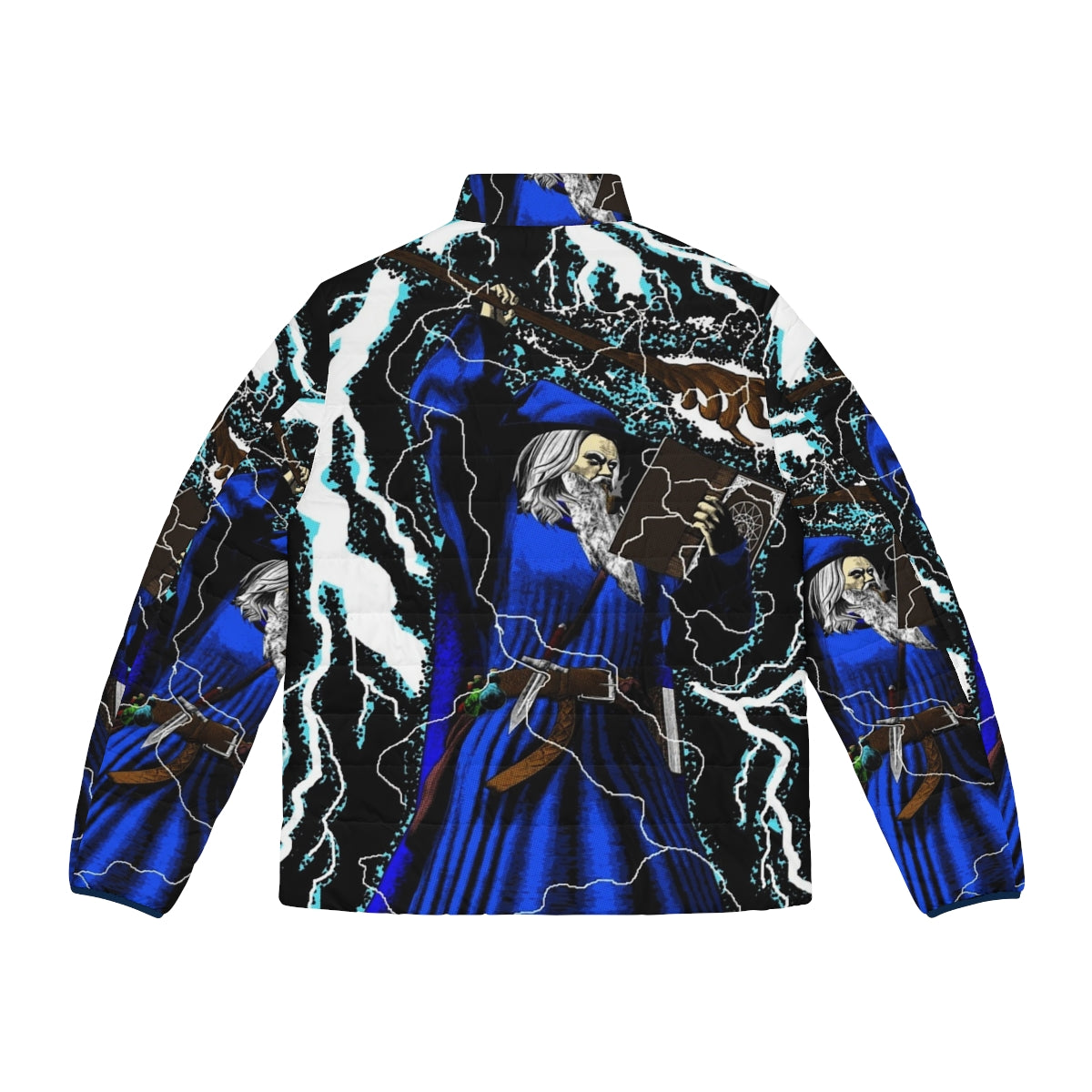 Merlin wizard blue puffer jacket with high fantasy and vintage elements - Back