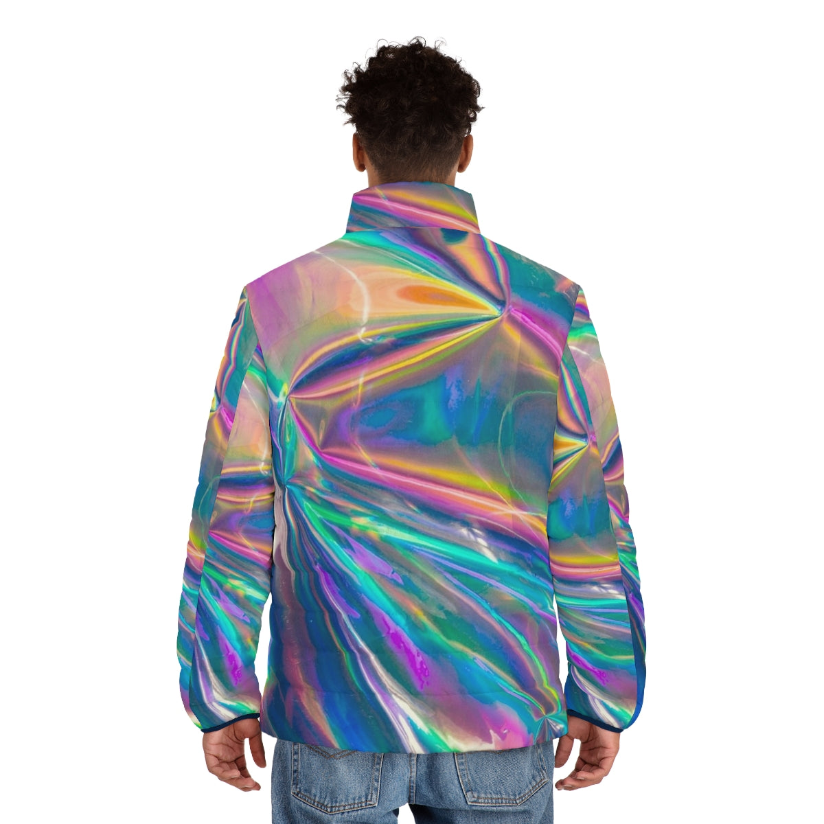 Holographic puffer jacket in vibrant rainbow colors - men back