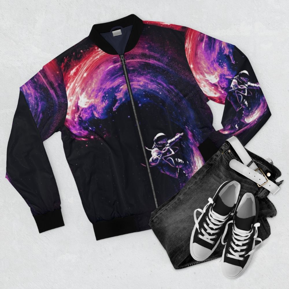 Space Surfing II Cosmic Bomber Jacket with Galaxy, Stars, and Celestial Designs - Flat lay