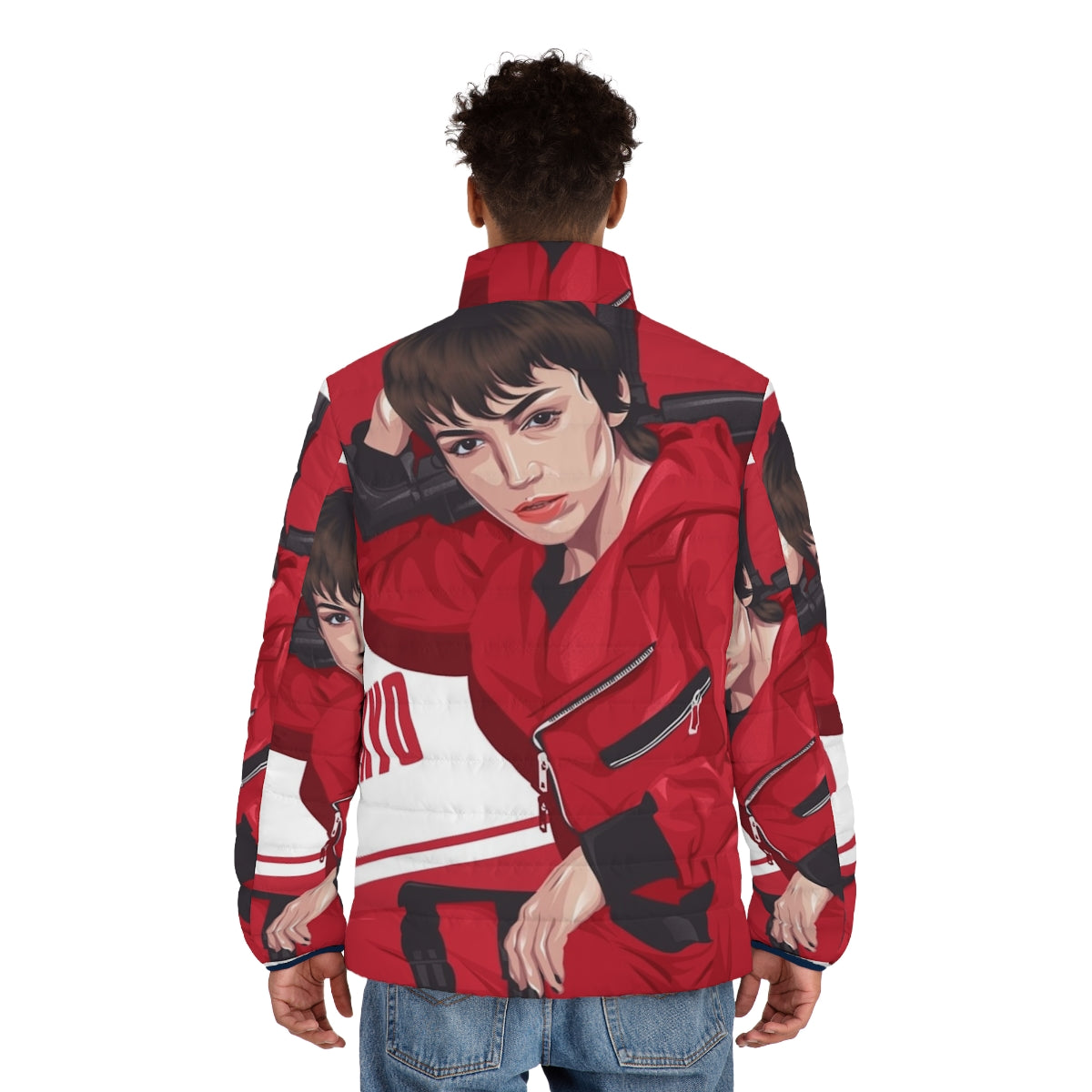 Tokyo puffer jacket with Money Heist anime-style design - men back