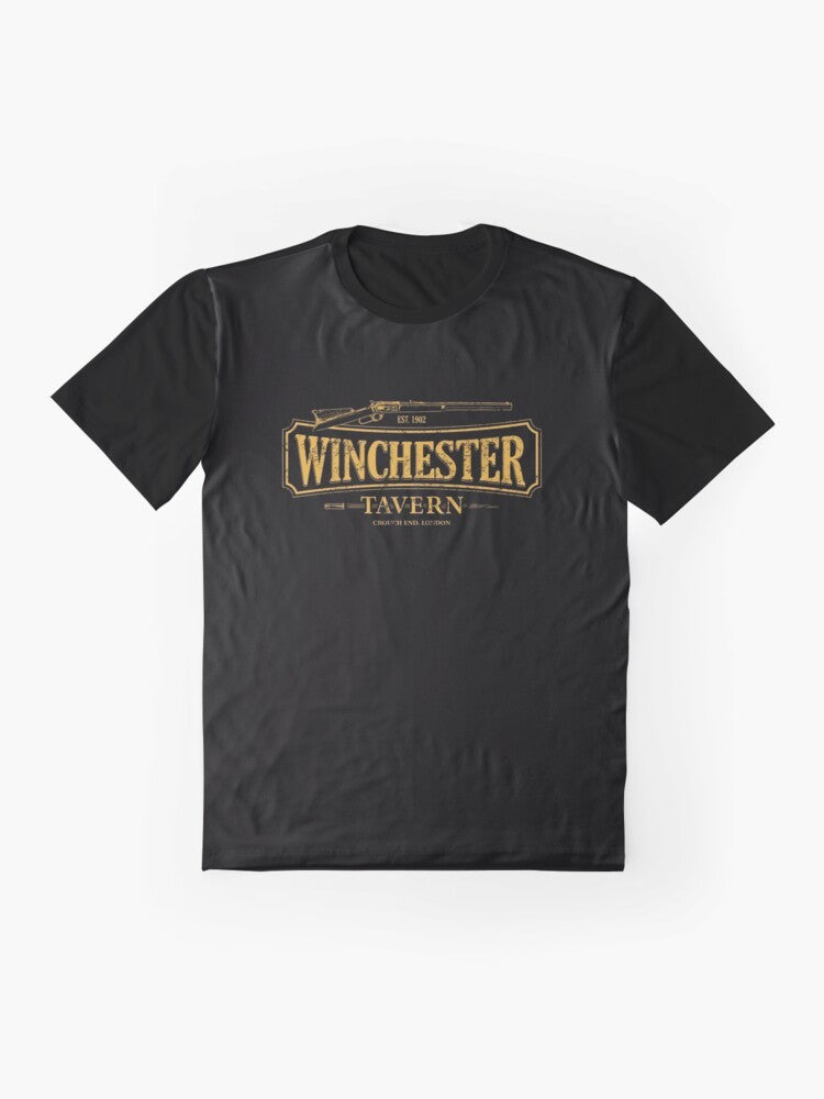 Winchester Tavern Shaun Of The Dead Graphic T-Shirt featuring the iconic movie characters and a zombie attack scene - Flat lay