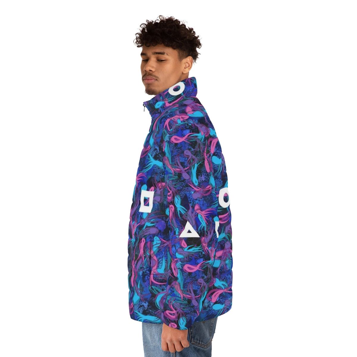 Squid Game Inspired Survival Puffer Jacket with Survival Pattern Design - men side left