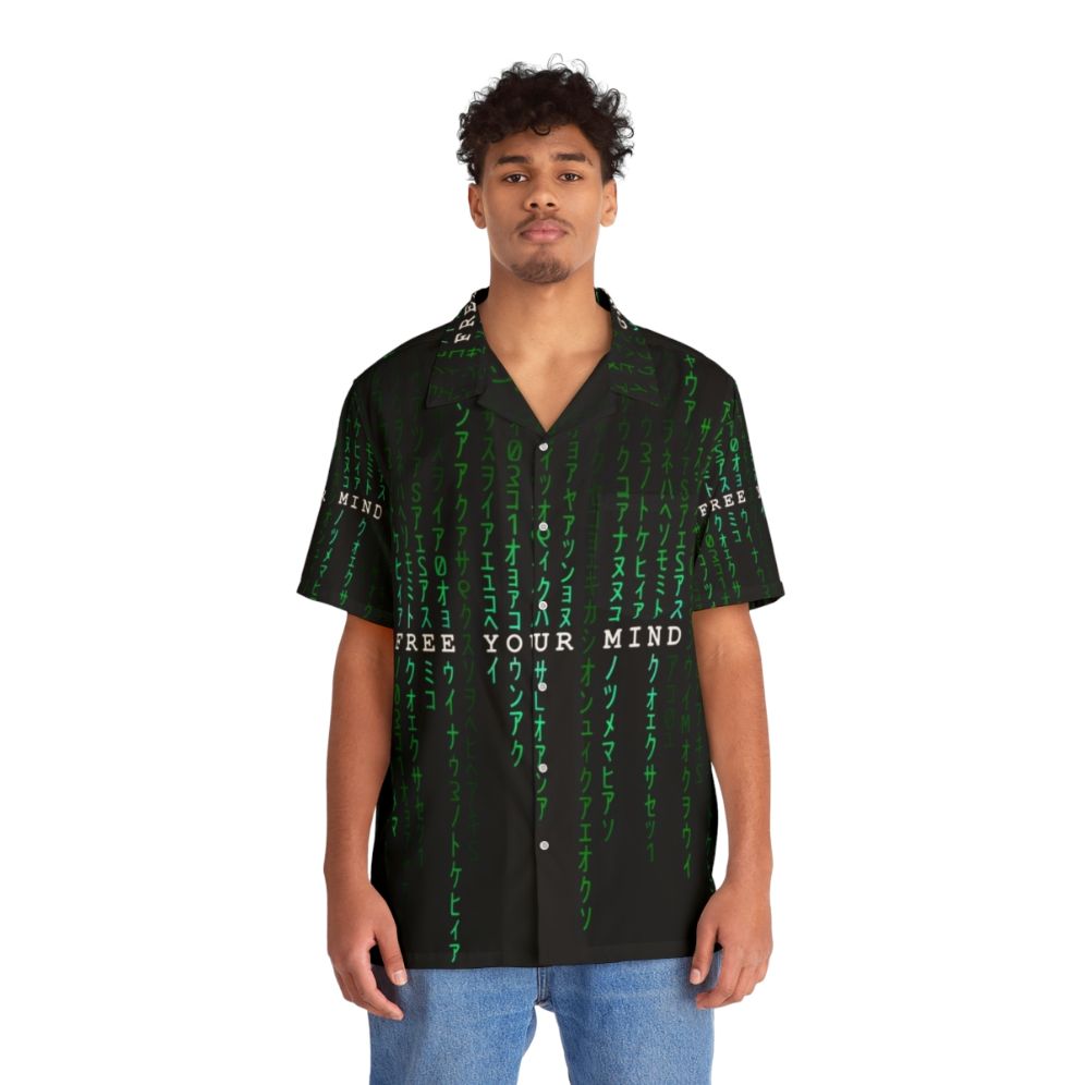 The Matrix "Free Your Mind" Hawaiian button-up shirt with digital rain pattern - People Front