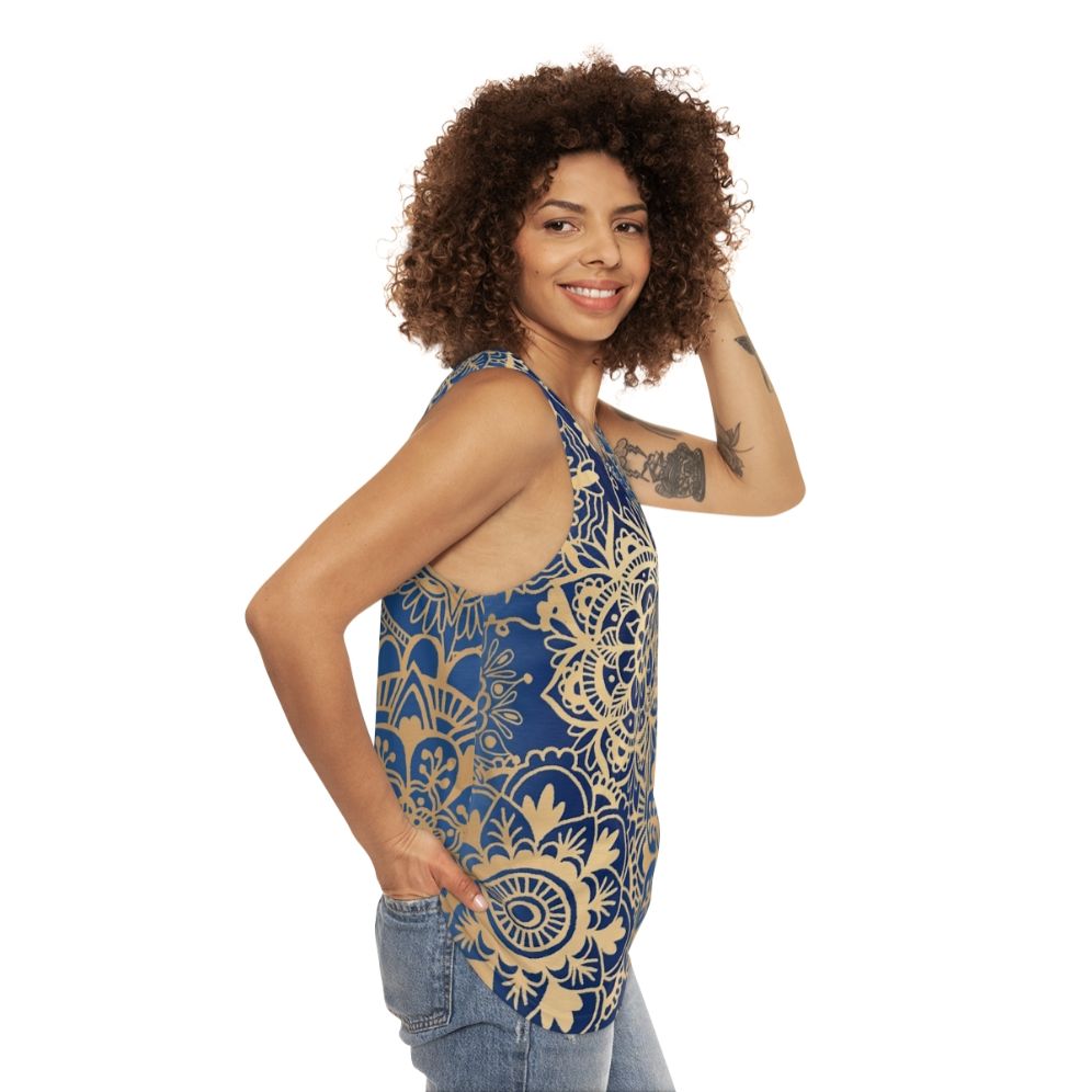 Bohemian Blue and Gold Mandala Pattern Unisex Tank Top - women side