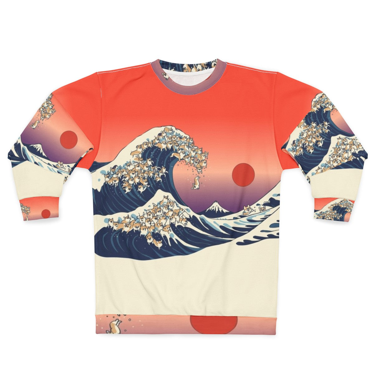 Corgis surfing in the Great Wave of Kanagawa inspired sweatshirt