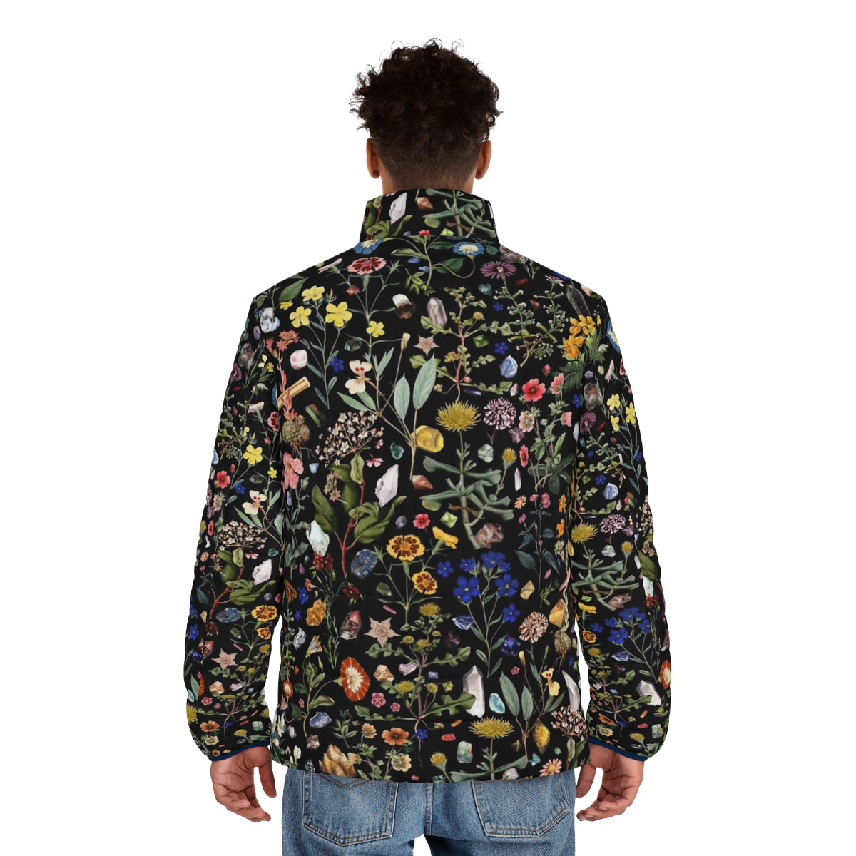 Healing floral puffer jacket with digital plant, flower, and botanical pattern design - men back