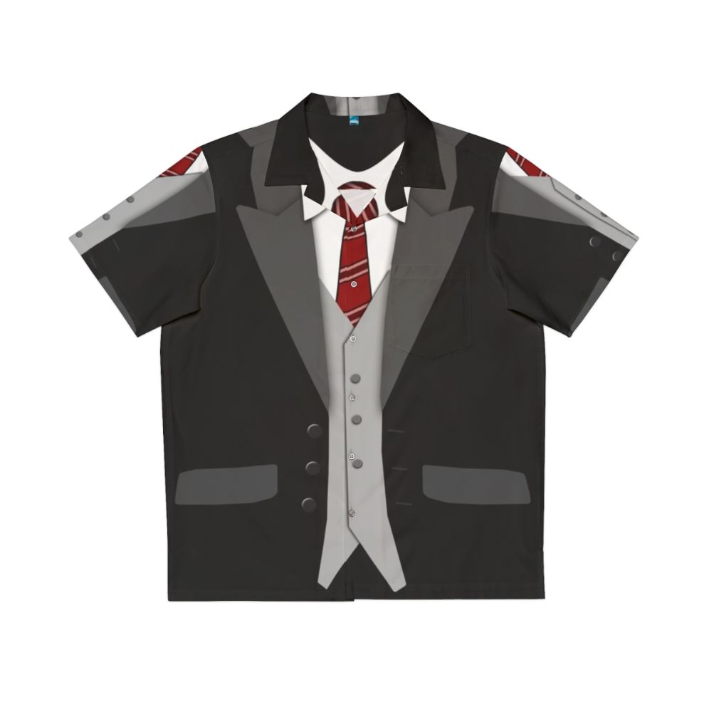 Black suit and red tie Hawaiian shirt