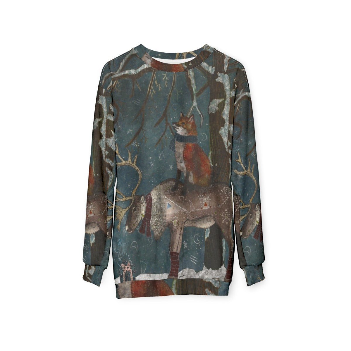 Cozy winter tale sweatshirt featuring a magical fairytale design with snow, trees, and woodland animals - hanging