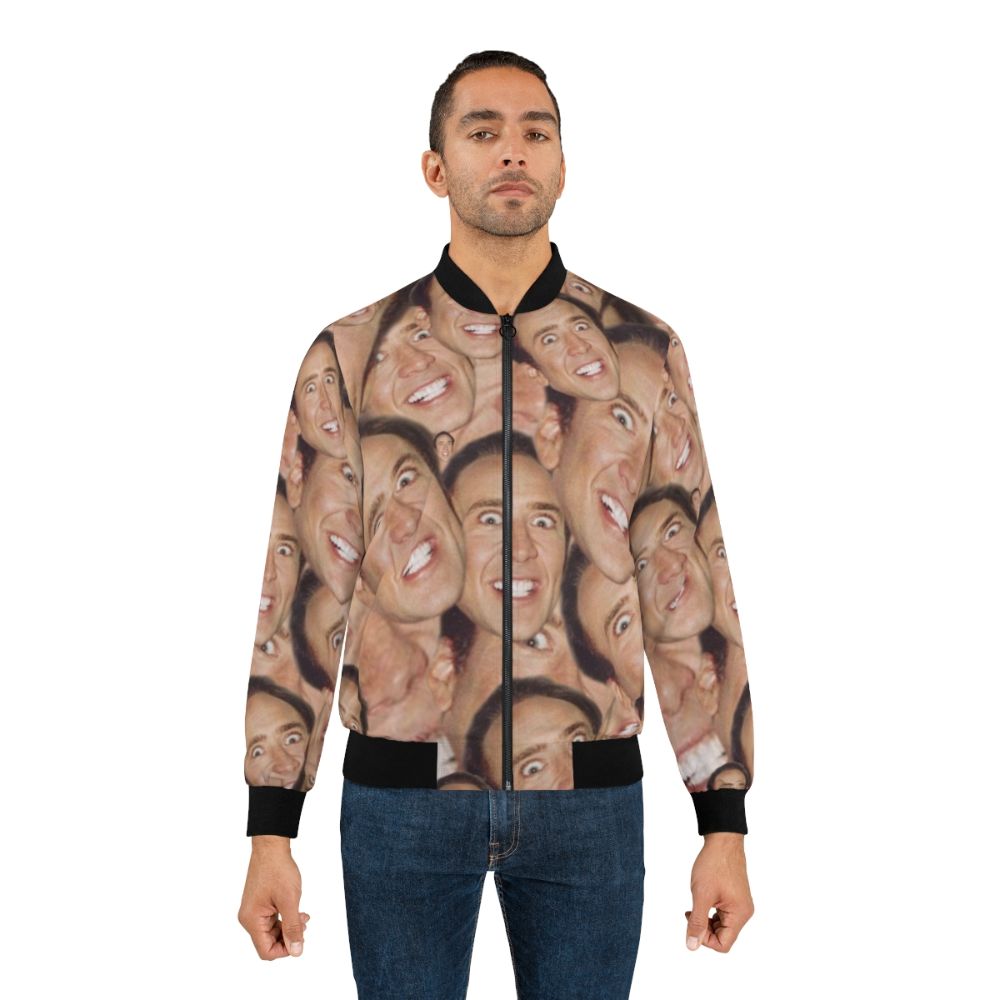 A bomber jacket featuring a collage design with the face of actor Nicolas Cage. - Lifestyle