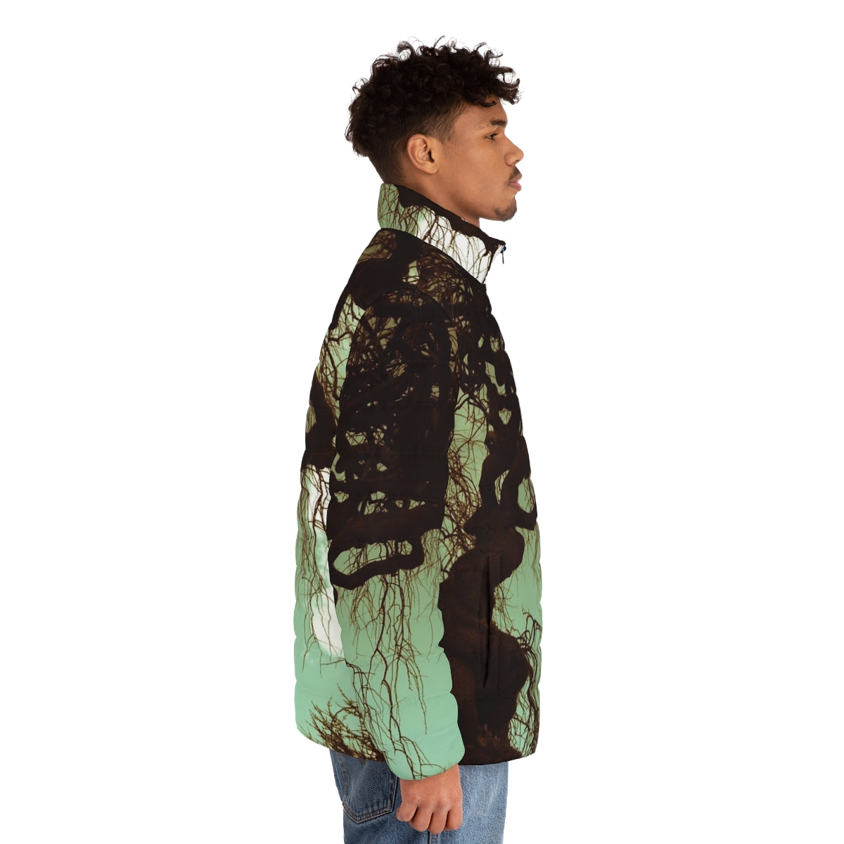 A cozy puffer jacket in a scenic nature landscape - men side right