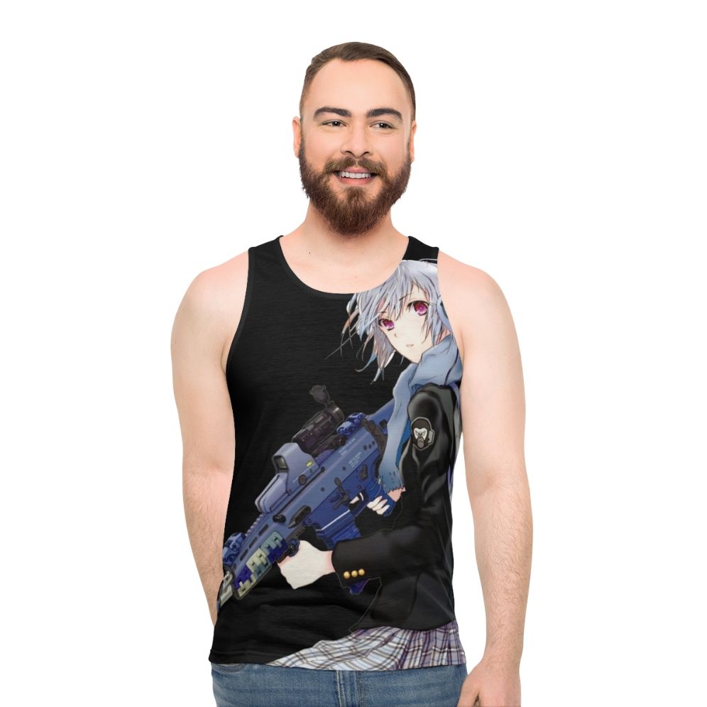 Unisex anime girl with gun graphic on tank top - men