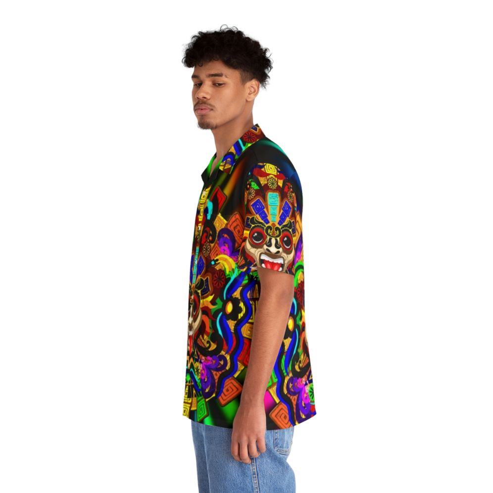 Colorful Aztec warrior mask print on a Hawaiian style shirt - People Left