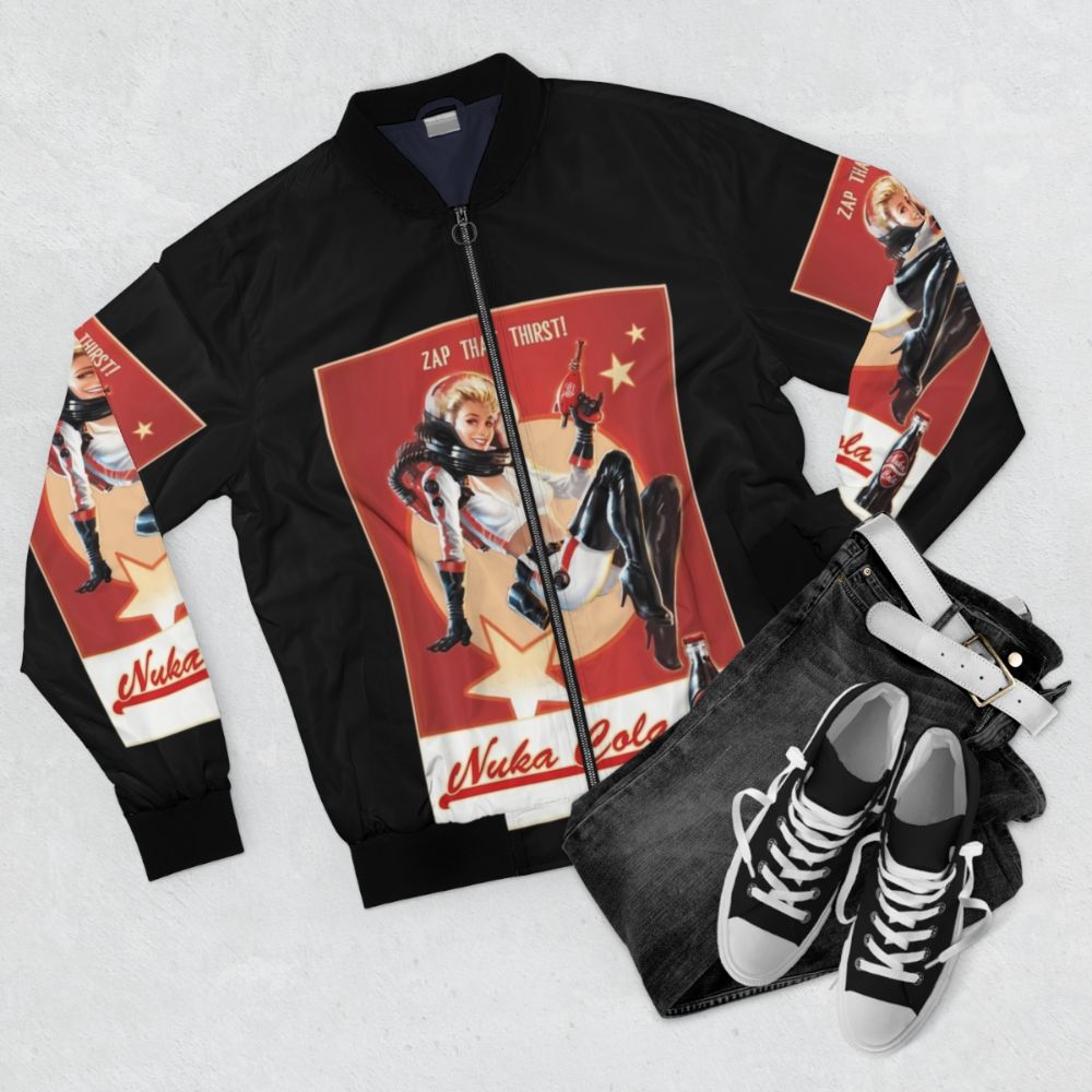 Fallout Nuka Cola bomber jacket with retro-inspired design - Flat lay