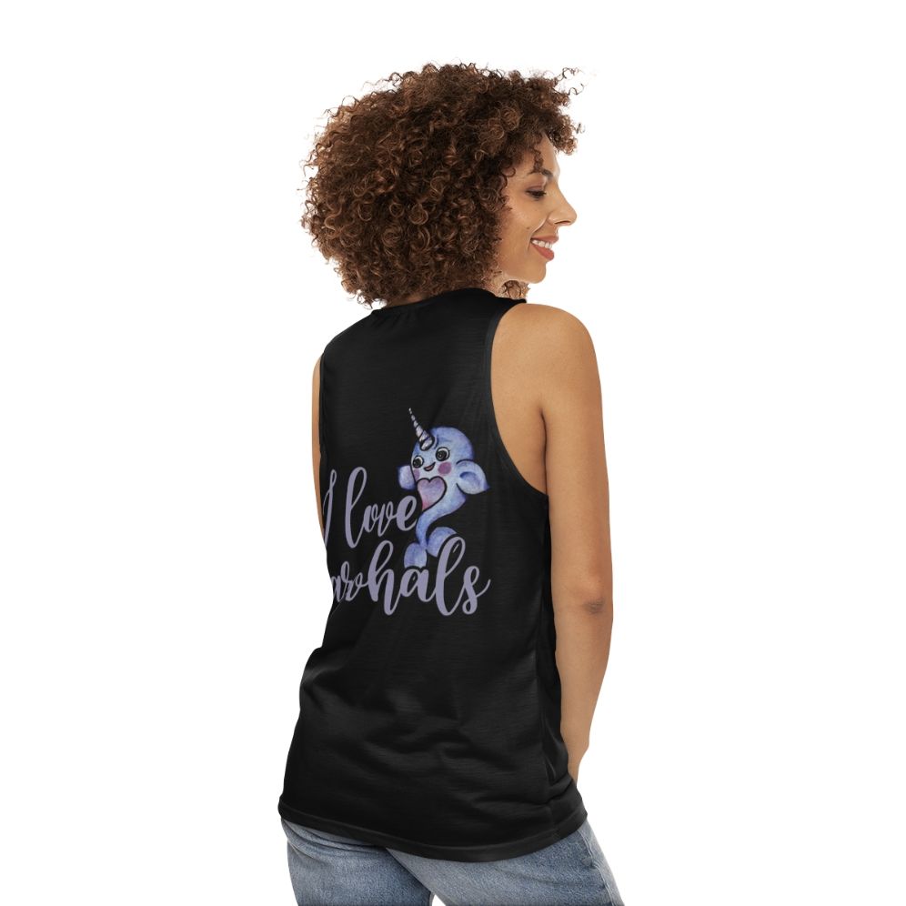 Unisex narwhal tank top with "I Love Narwhals" design - women back