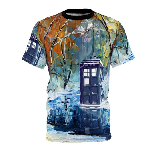 Artistic t-shirt design featuring a blue phone booth set against a winter landscape with a starry night sky and fireworks.