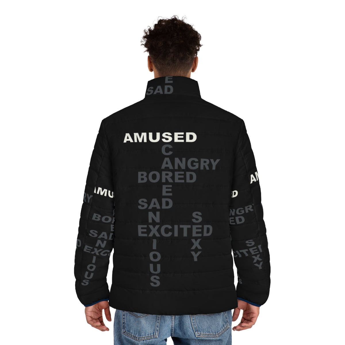 Westworld inspired puffer jacket featuring an amused expression - men back