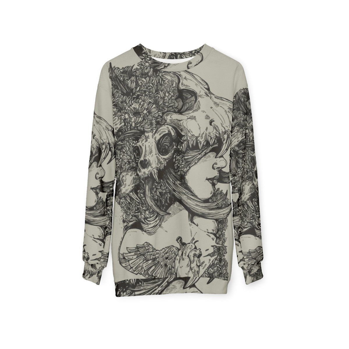 Edgy Girl Sweatshirt featuring an ink skull and wolf antlers design - hanging