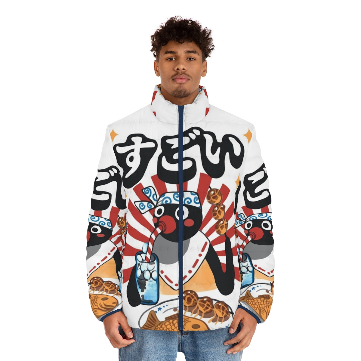 Matsuri Pengin Puffer Jacket featuring a cute penguin design in a classic anime and Japanese festival inspired style - men front