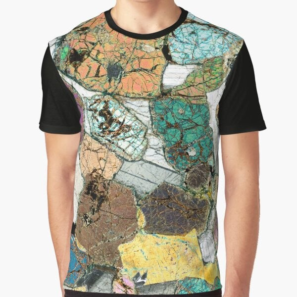 Graphic t-shirt featuring a microscope photo of peridotite, a type of geological rock from Ardnamurchan, Scotland.