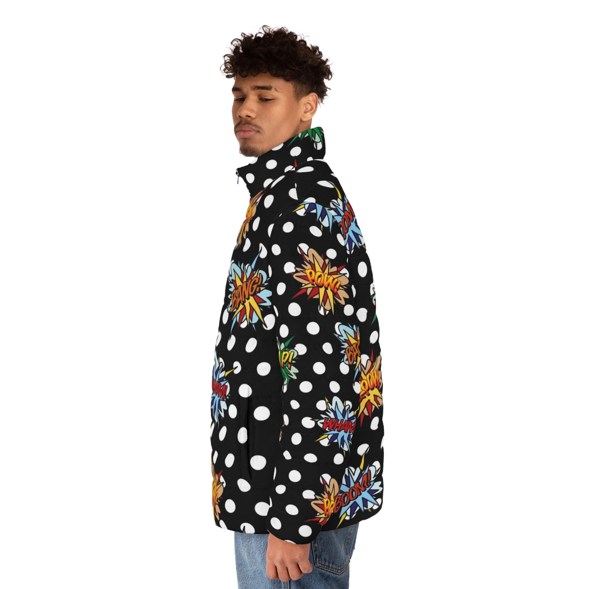 Vibrant comic book-inspired puffer jacket with pop art graphics - men side left