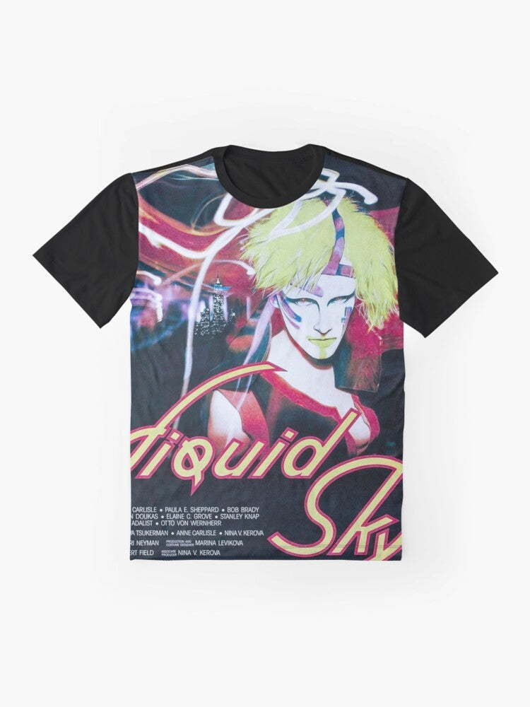 A vibrant and surreal graphic t-shirt featuring the cult classic "Liquid Sky" movie logo and imagery, perfect for fans of 80s retro and psychedelic aesthetics. - Flat lay