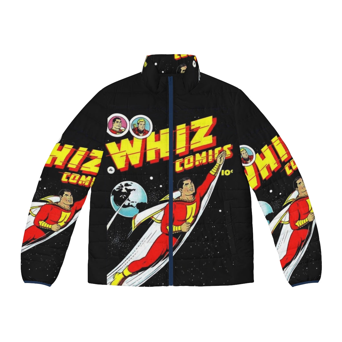 Golden age comic book superhero puffer jacket