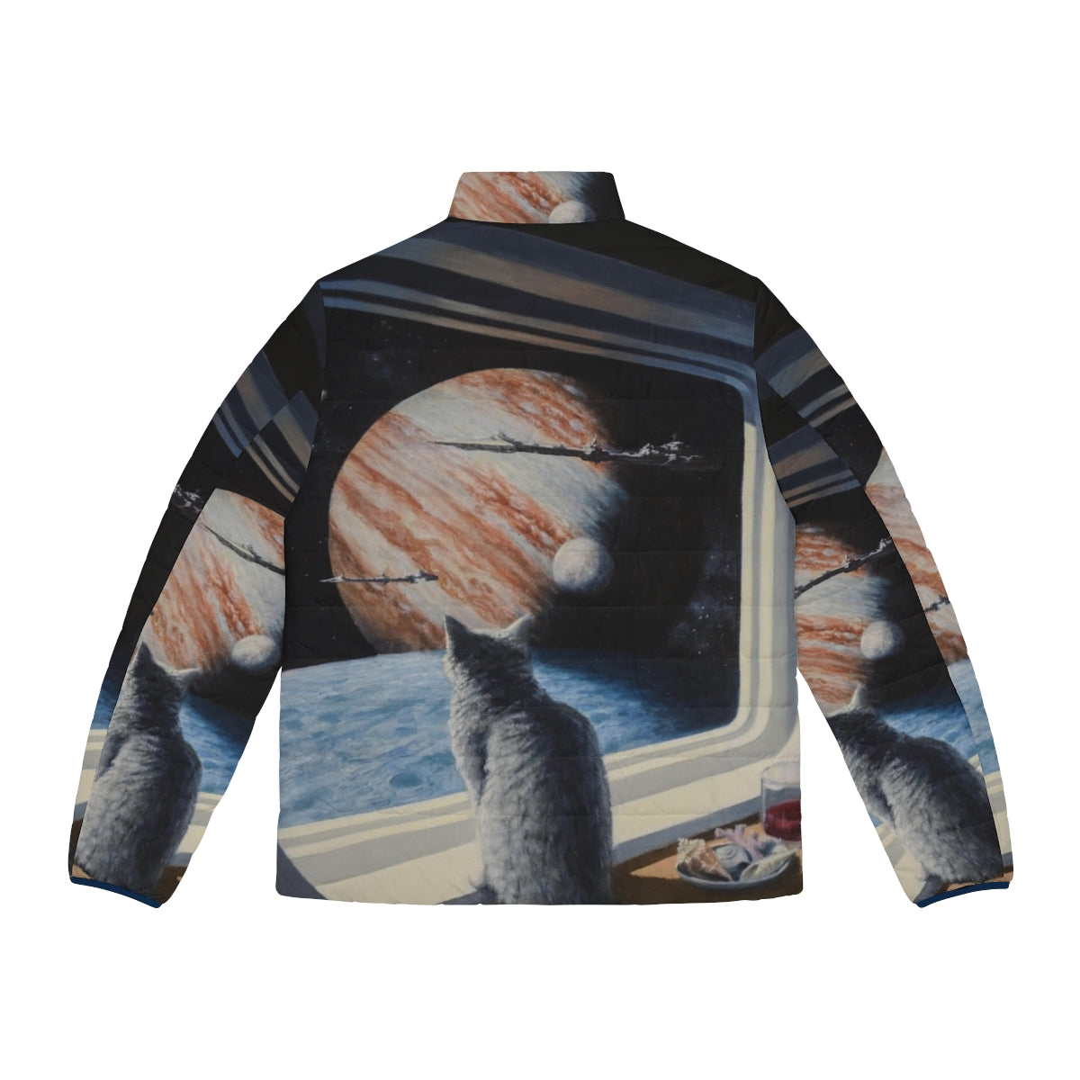 A stylish puffer jacket featuring a cat in a space suit, against a backdrop of a science fiction painting. - Back