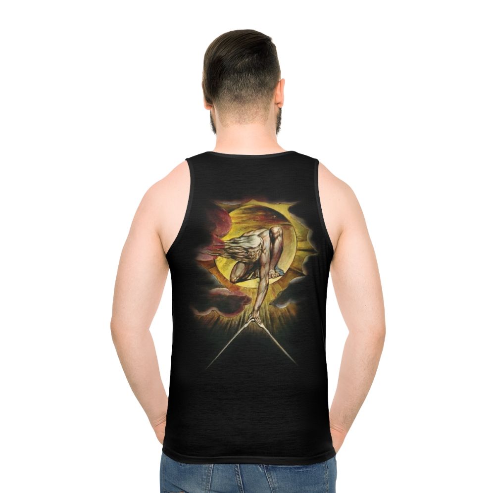 Unisex tank top featuring the mystical artwork "The Ancient of Days" by William Blake - men back