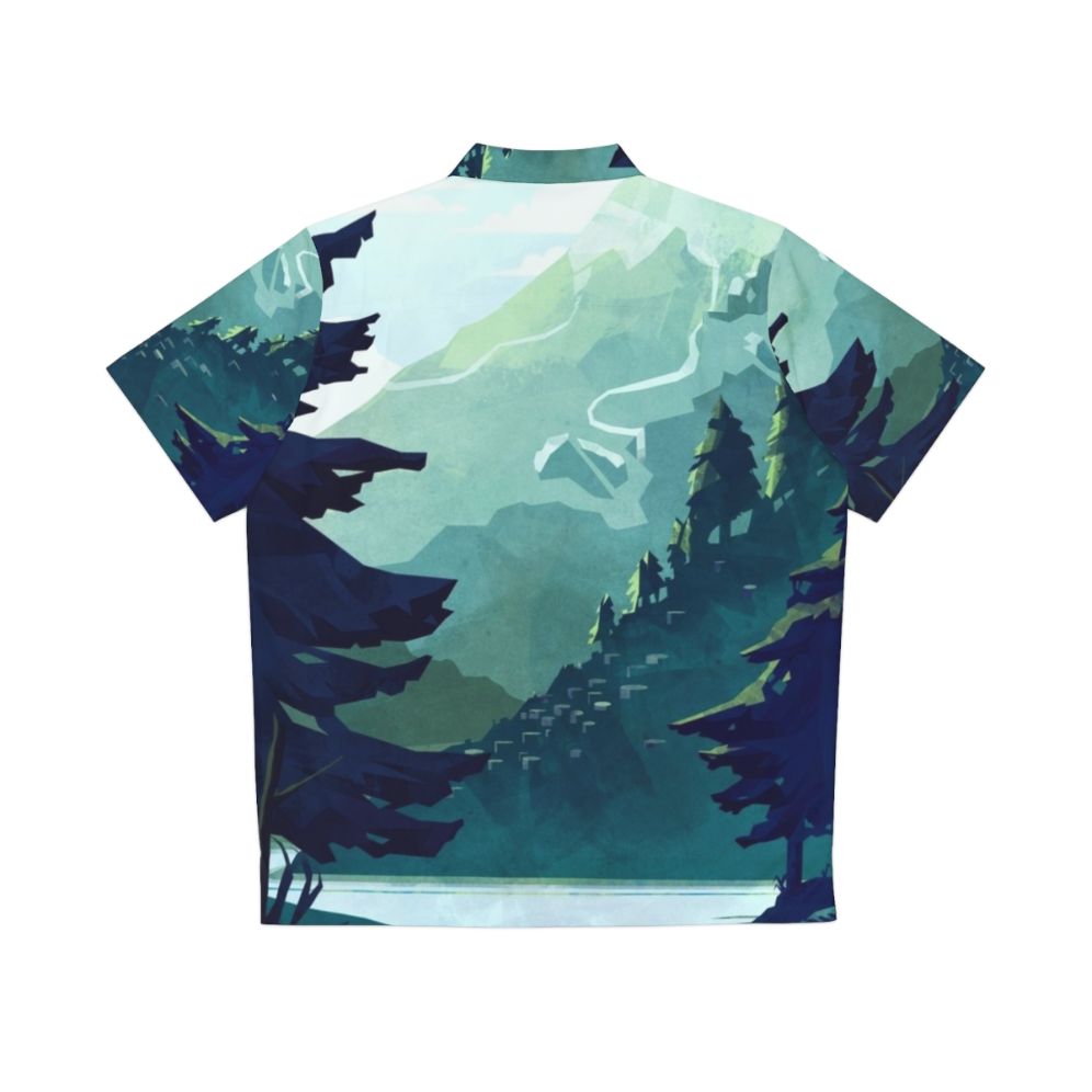 Canadian mountain landscape Hawaiian shirt with blue, green, and rocky mountain details - Back