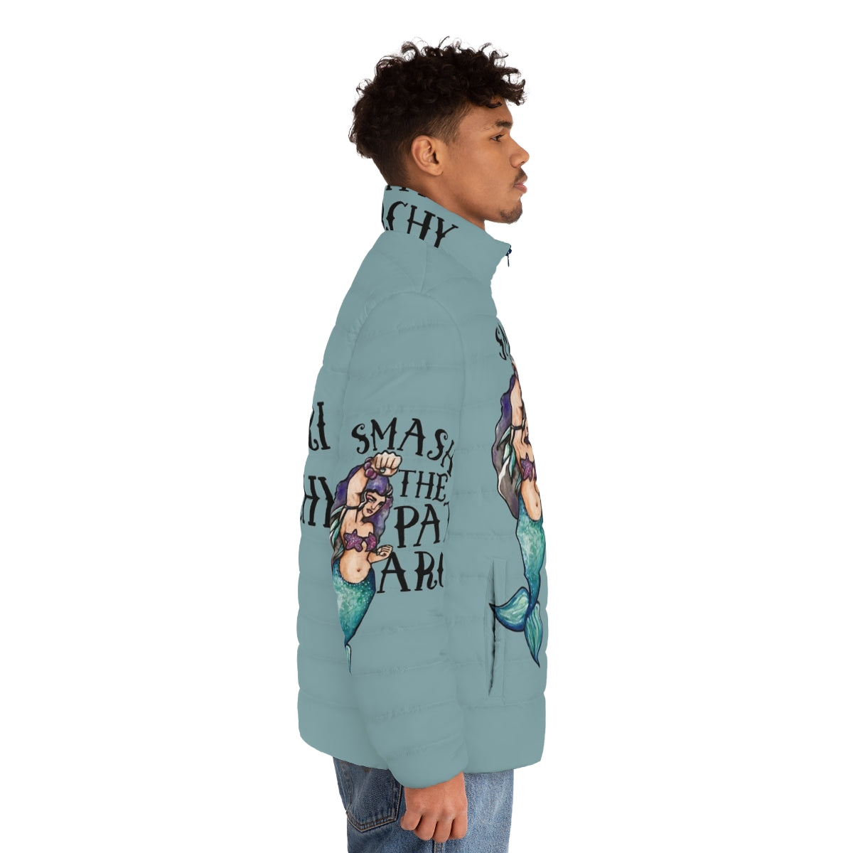 Smash the Patriarchy feminist puffer jacket with mermaid and animal designs - men side right