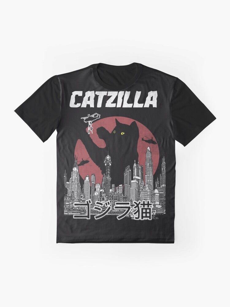 Catzilla, the cat version of Godzilla, on a vintage-style graphic t-shirt - Flat lay