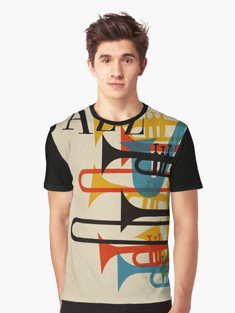 Vintage jazz-inspired graphic t-shirt with saxophone, trumpet, and facemask design for COVID-19 protection. - Men