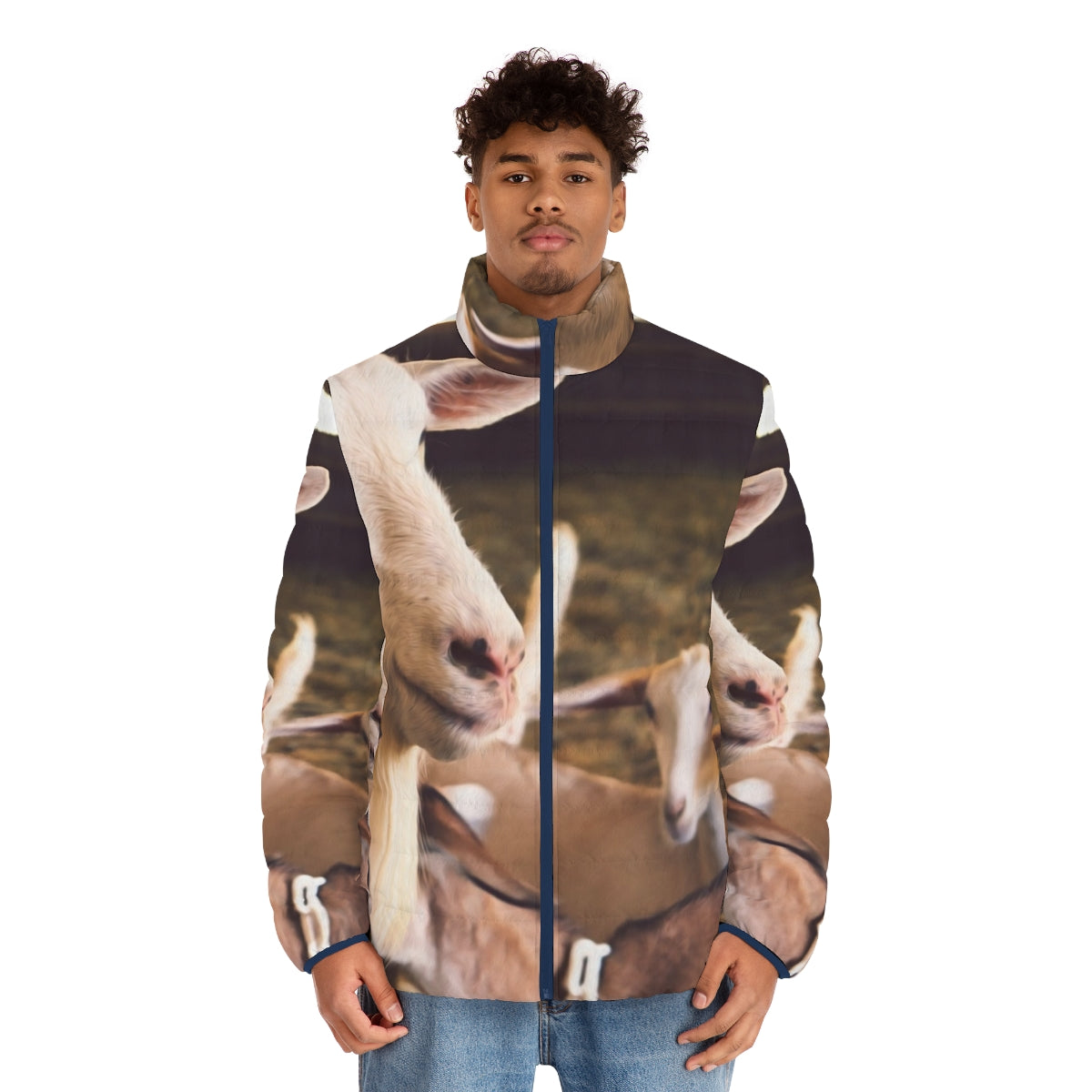 Goats and sheep puffer jacket with farm and barn design - men front